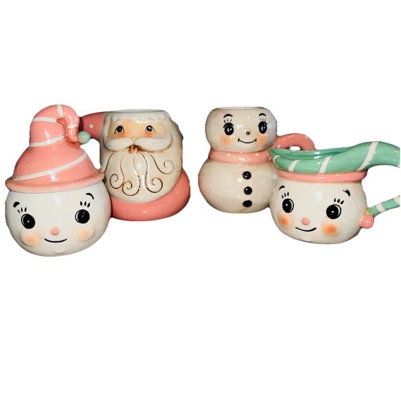 SET Johanna Parker KITSCH Pink Coffee Mug Sugar Bowl Creamer Santa Snowman Elf - Picture 1 of 9
